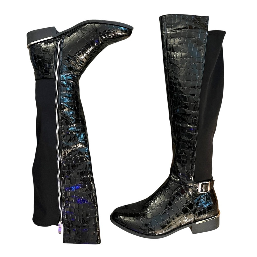 Over The‎ Knee Crocodile Black Patent Boots Buckle Detail Black Size 7